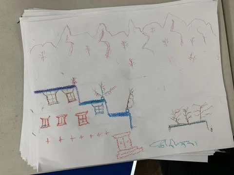 Tsering Norbu's Family Home — crayon drawing by Tsering Norbu, 79 yrs old