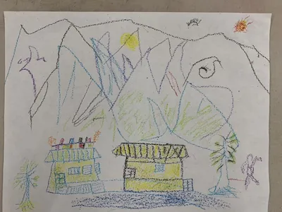 Elder's crayon drawing of childhood home in Tibet