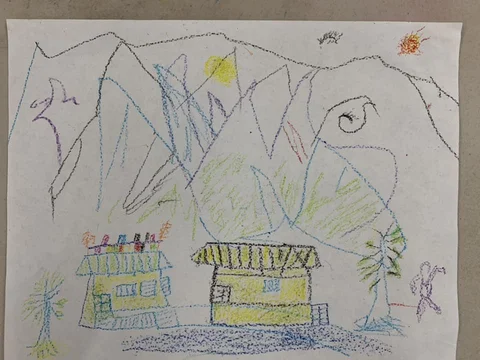 Tashi's Home in the Land of Snows — crayon drawing by Tashi, 77 yrs old