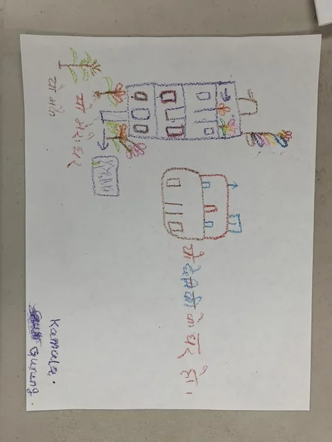 Kamala Gurung's Childhood Home — crayon drawing by Kamala Gurung, 74 yrs old
