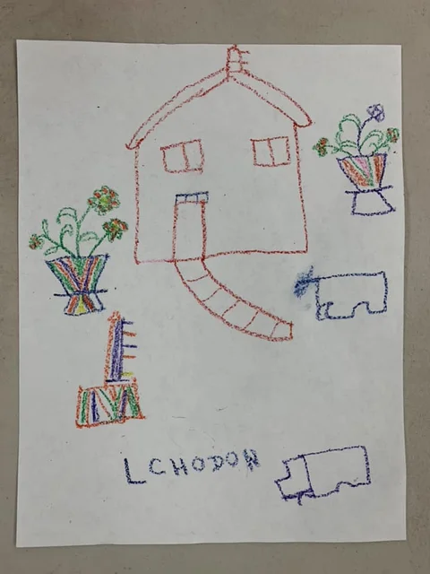 L Chodon's House — crayon drawing by L Chodon, 82 yrs old
