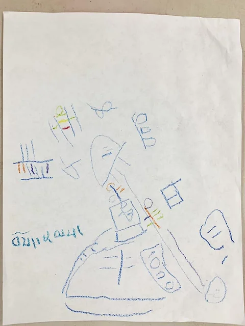 Sonam's Village — crayon drawing by Sonam, 80 yrs old