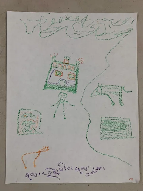 Everything a Human Needs — crayon drawing by Namgyal, 73 yrs old