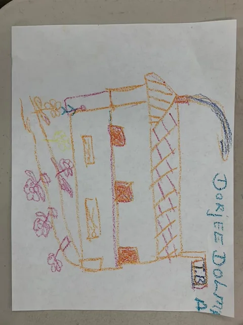 Dorjee Dolma's Home — crayon drawing by Dorjee Dolma, 78 yrs old