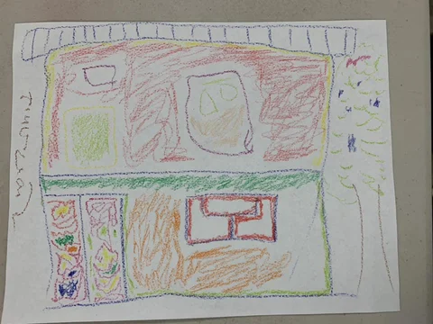 Pasang Gyalmo's Cosy Home — crayon drawing by Pasang Gyalmo, 75 yrs old
